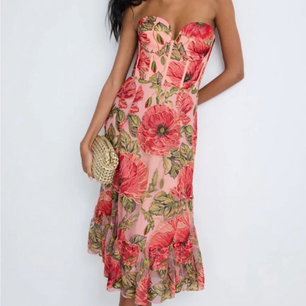 Dress the Population Carina Floral Embroidered Strapless Cocktail Dress, LARGE